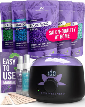 Tress Wellness kit front view showing compact digital warmer and accessories for safer home waxing
