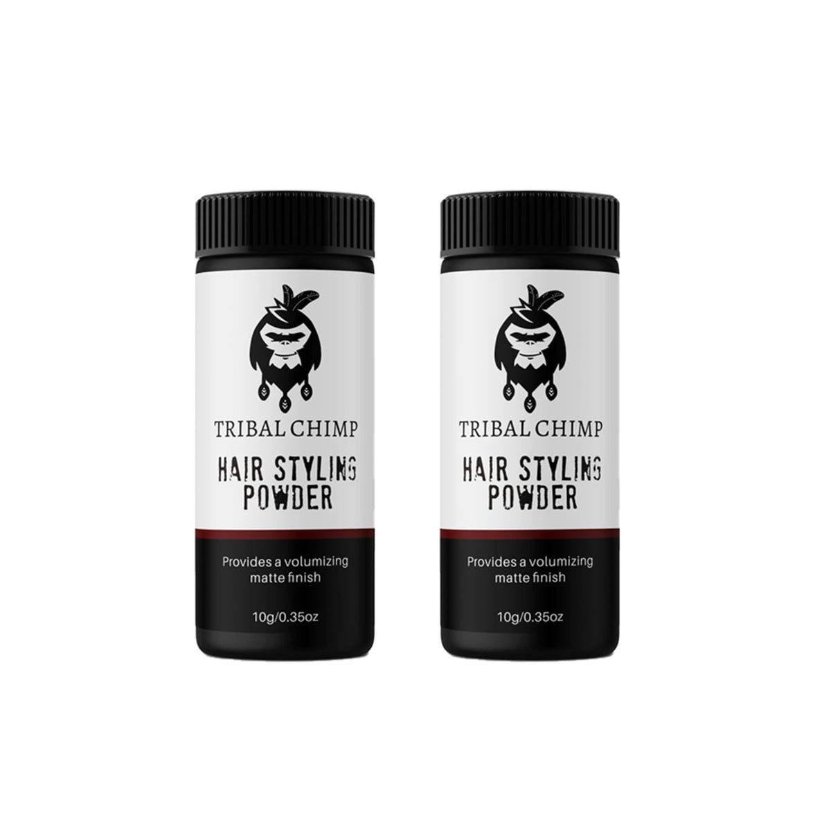 Tribal Chimp front packaging showing compact travel-ready styling powder and benefit