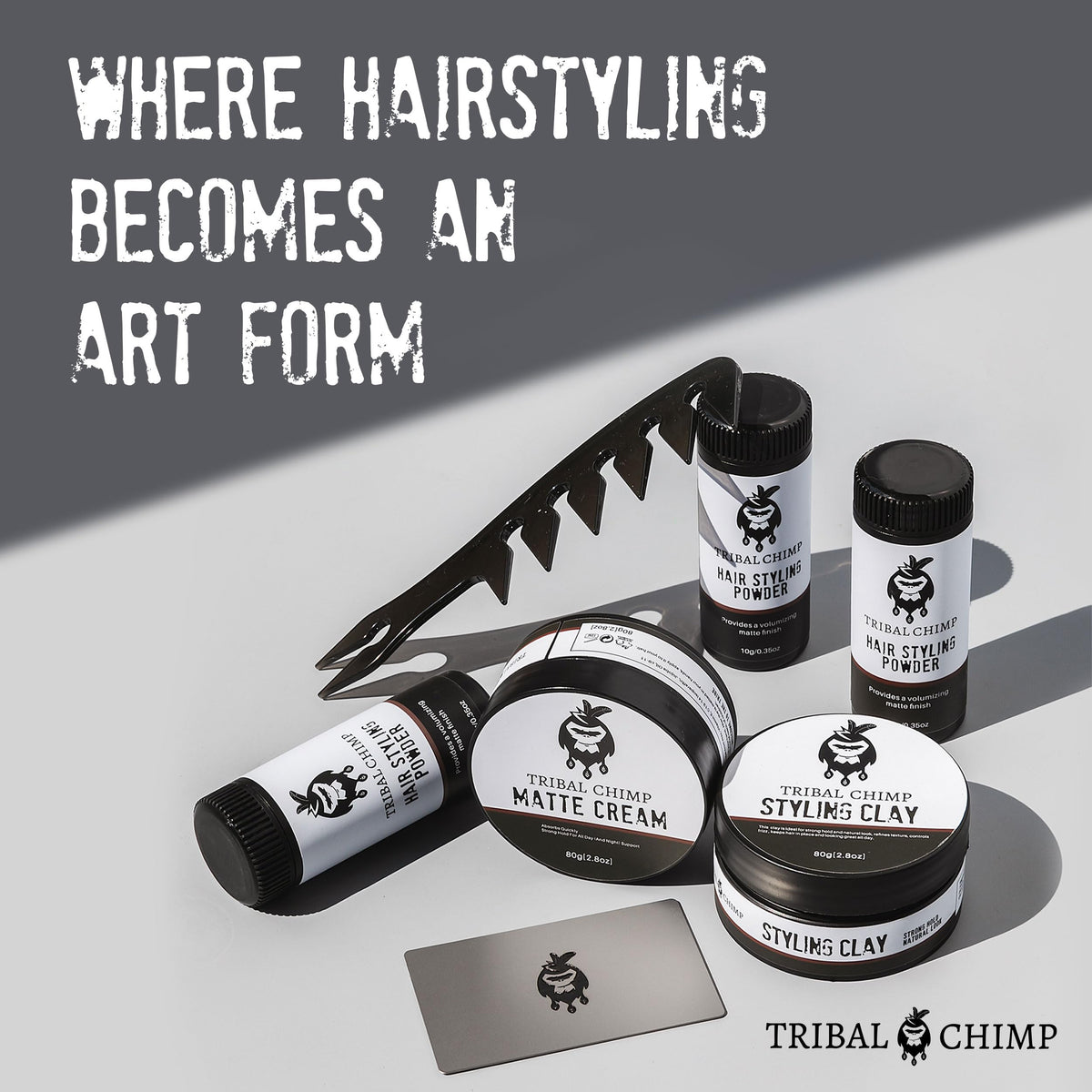 Tribal Chimp placed on a grooming vanity setting to show everyday styling use and accessibility