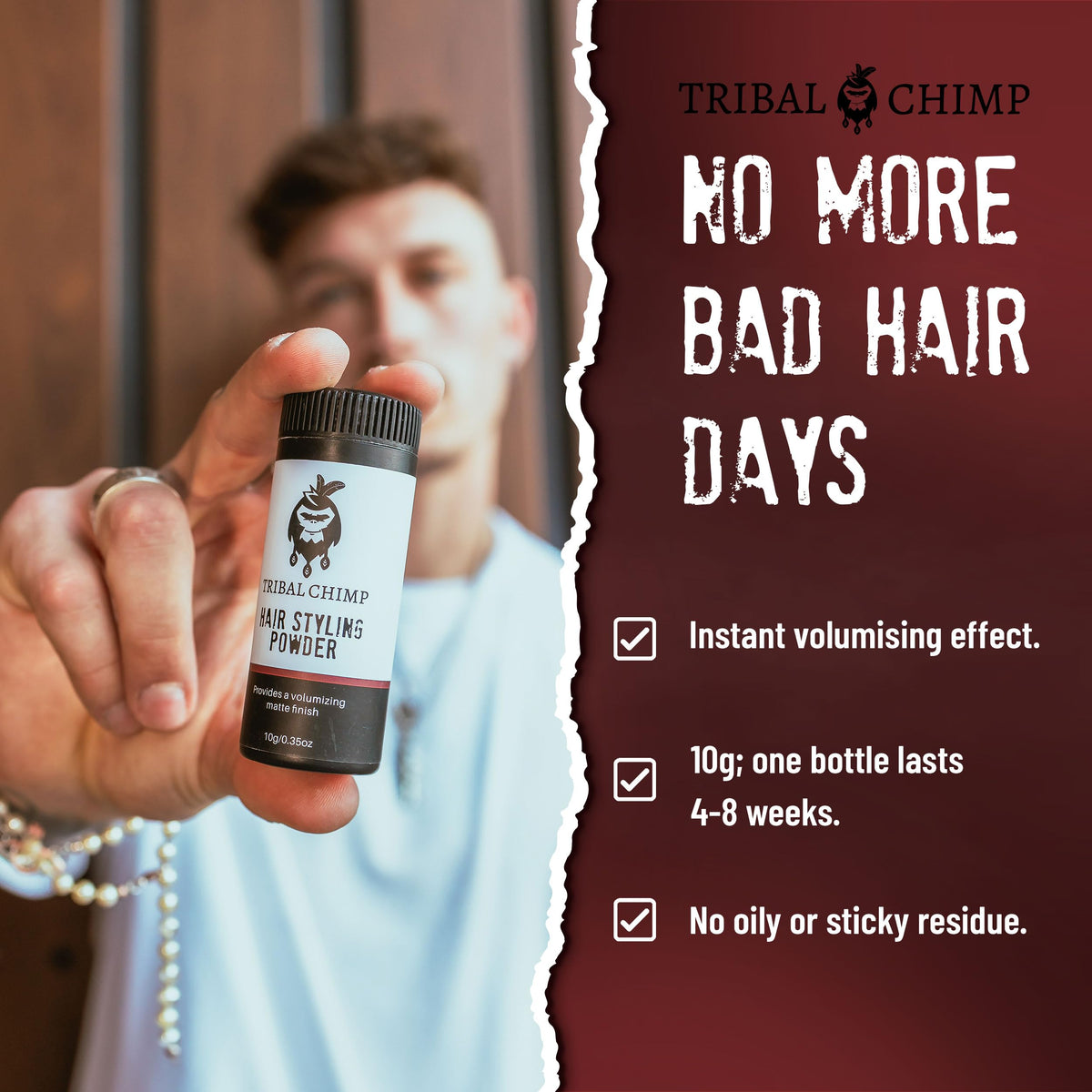 Tribal Chimp applying powder with fingertips at roots to create instant lift and grip