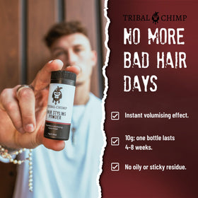 Tribal Chimp applying powder with fingertips at roots to create instant lift and grip