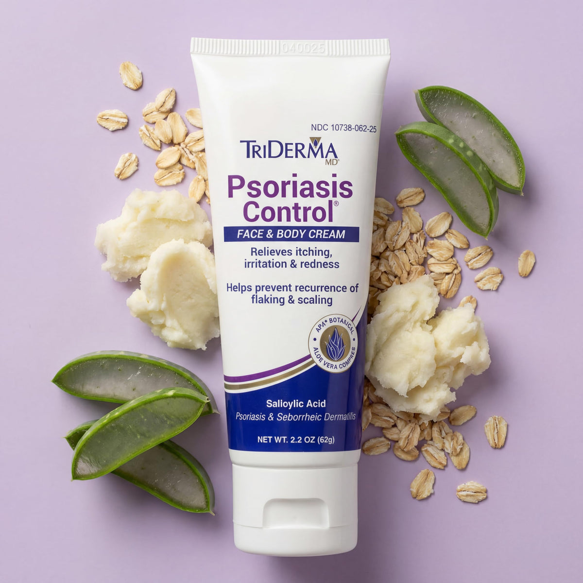 TriDerma ingredients label detail highlighting salicylic acid, urea, vitamins for soothing