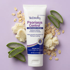 TriDerma ingredients label detail highlighting salicylic acid, urea, vitamins for soothing