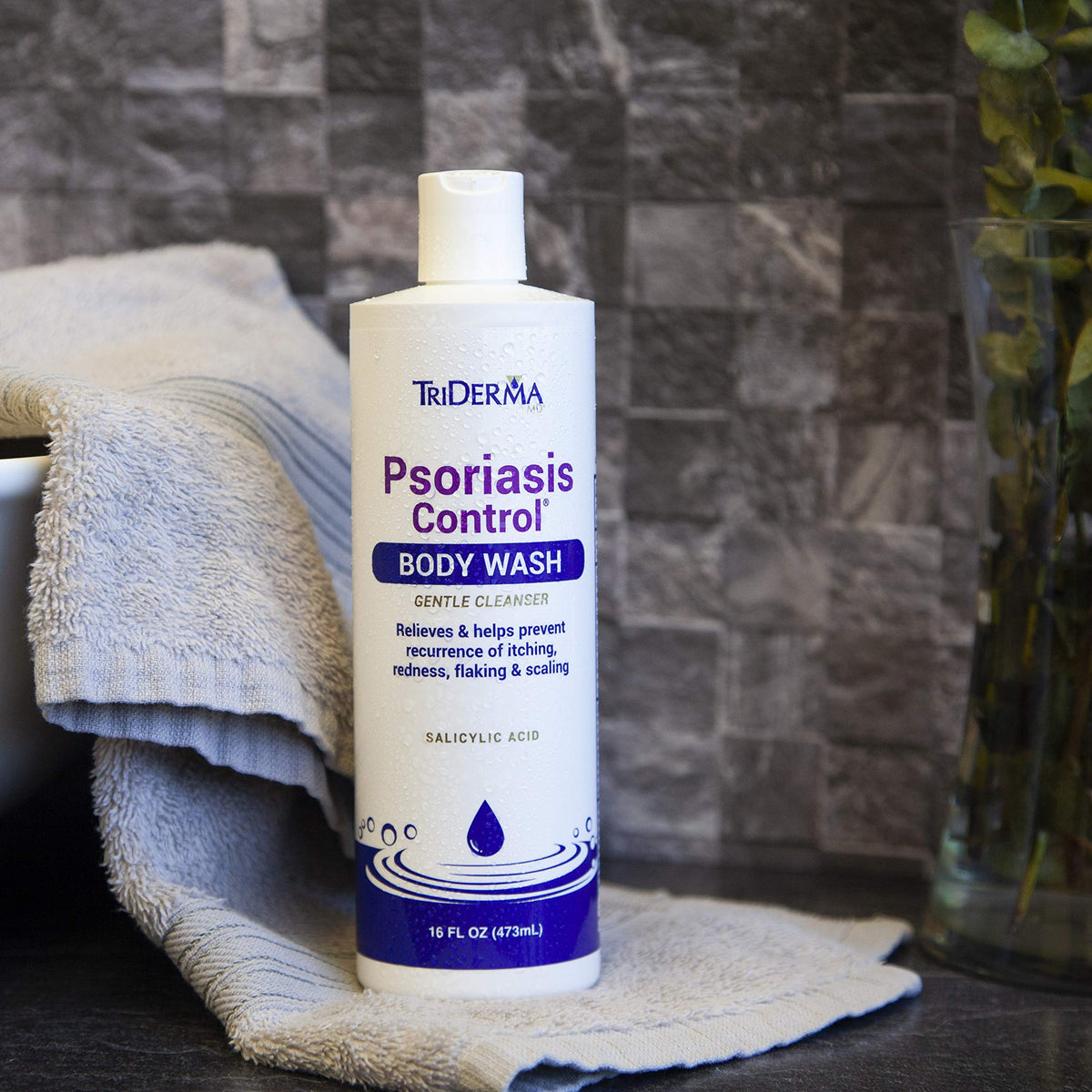 TriDerma lifestyle bathroom setting suggesting daily routine comfort