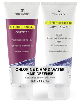 TRIHARD front packaging of swim shampoo and conditioner set showing protection benefits