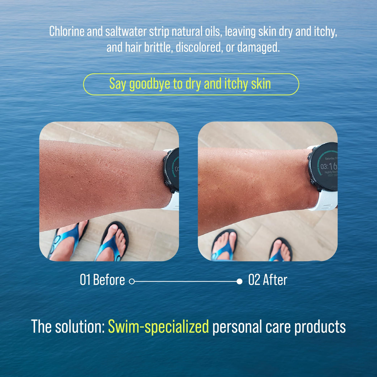 TRIHARD post-swim moisturized forearm showing restored smooth skin comfort