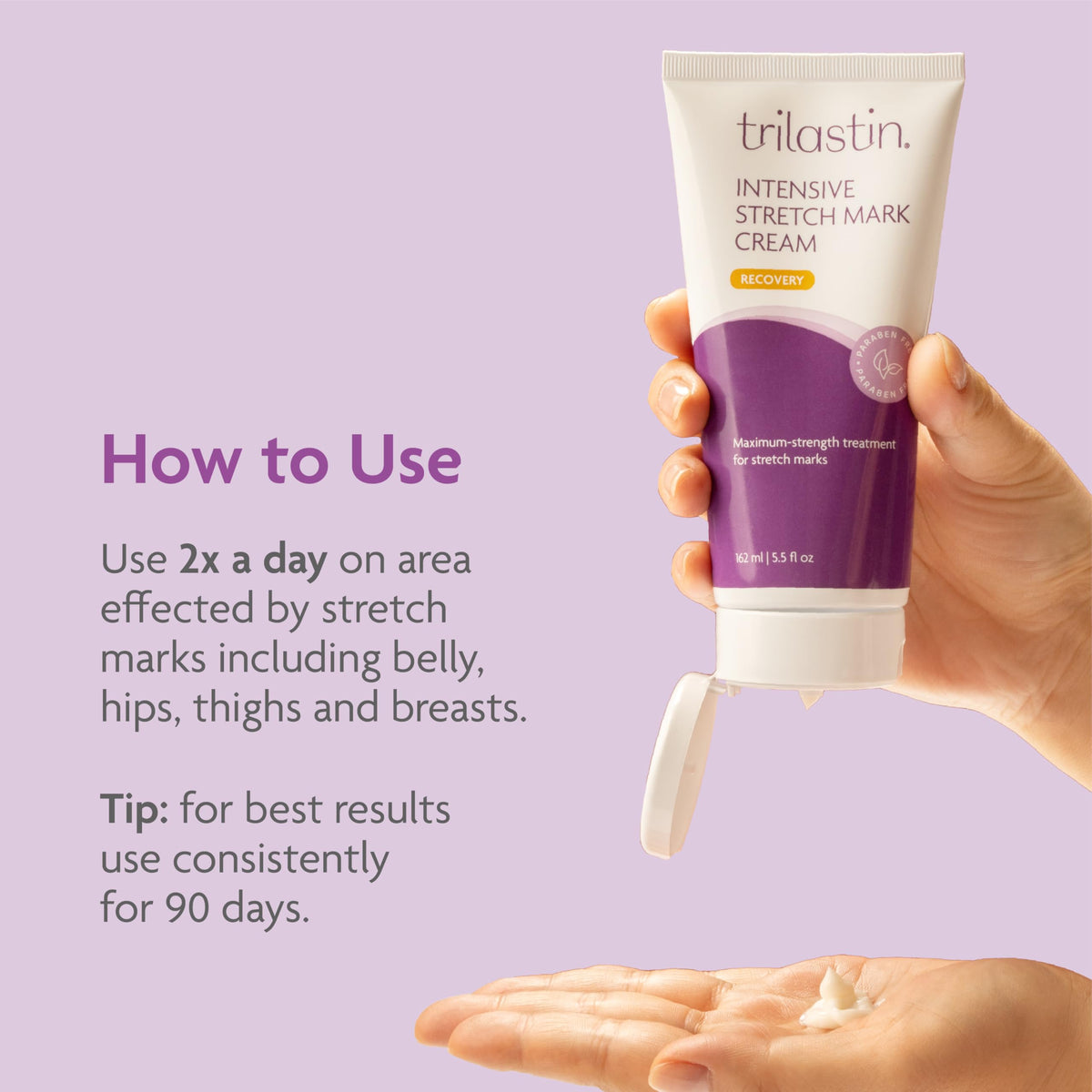 TriLASTIN cream being massaged into thigh for smoother-looking skin benefit