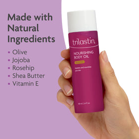 TriLASTIN bottle on bath linen implying clean, daily bodycare benefit
