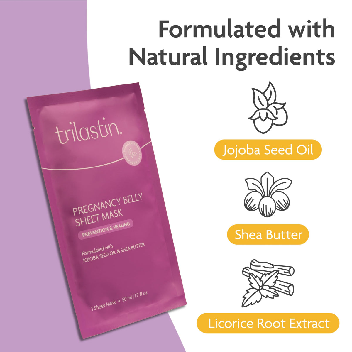 TriLASTIN ingredients display jojoba shea mango illustrating natural hydration