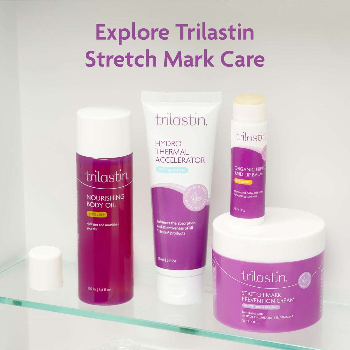 TriLASTIN unscented and paraben-free badge emphasizing gentle formulation