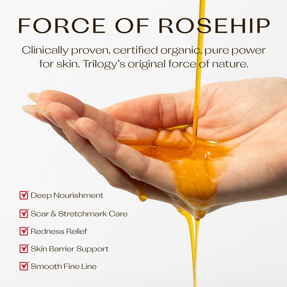 Trilogy dropper dispensing oil into hand for controlled, no-waste application