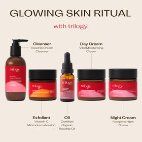 Rosehips and seeds beside Trilogy bottle representing cold-pressed natural ingredients