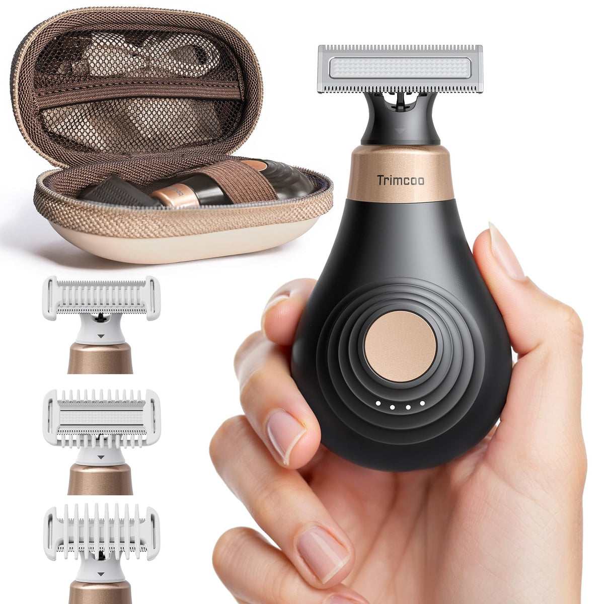 Trimcoo front view showing compact black body and power button, precise grooming
