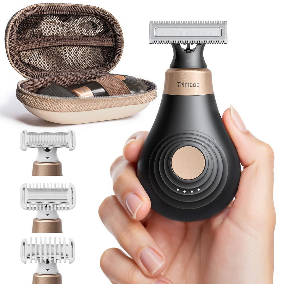 Trimcoo front view showing compact black body and power button, precise grooming