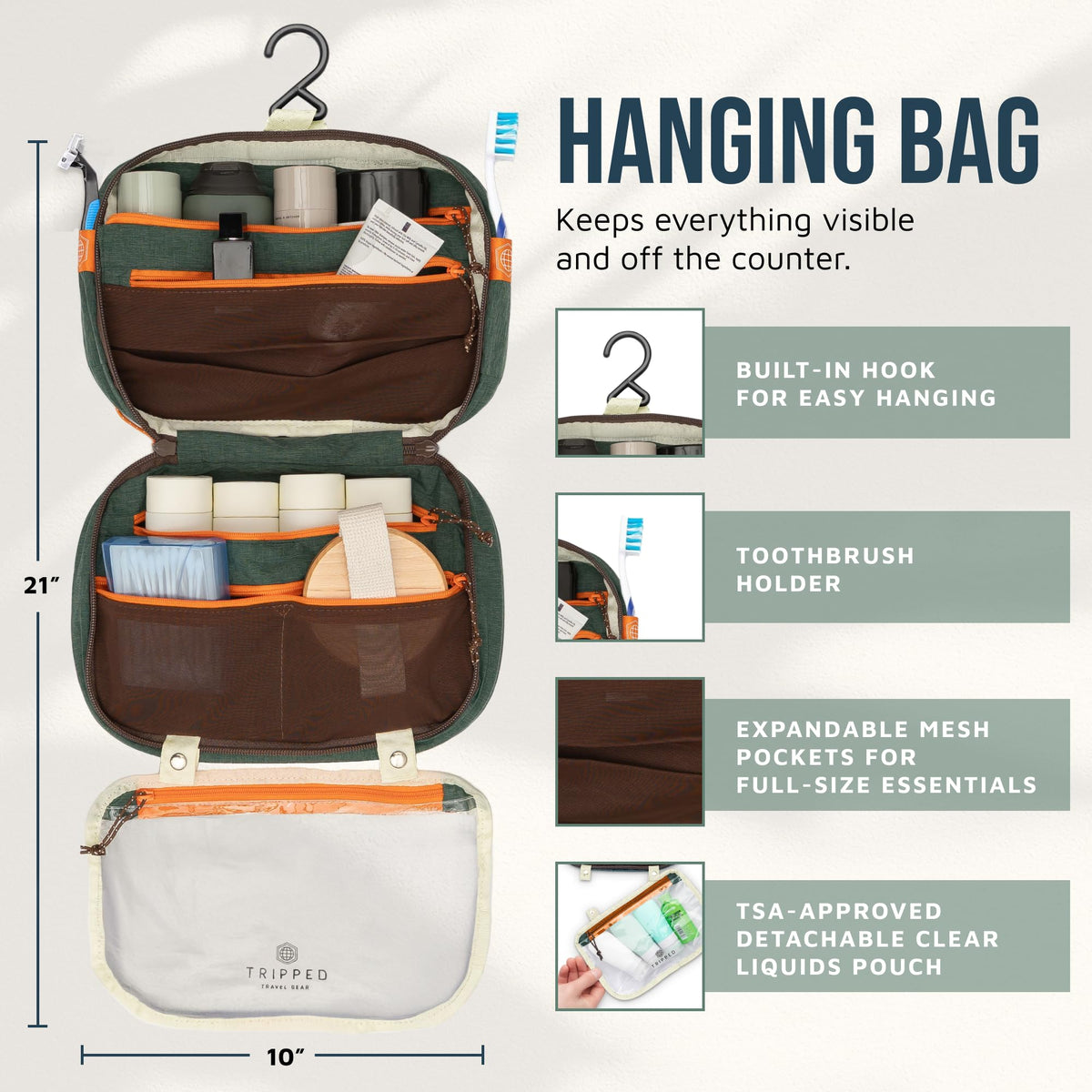 TRIPPED accessory organizer flat-lay showing slim storage for chargers and makeup benefit