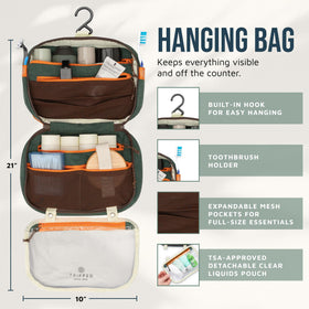 TRIPPED accessory organizer flat-lay showing slim storage for chargers and makeup benefit
