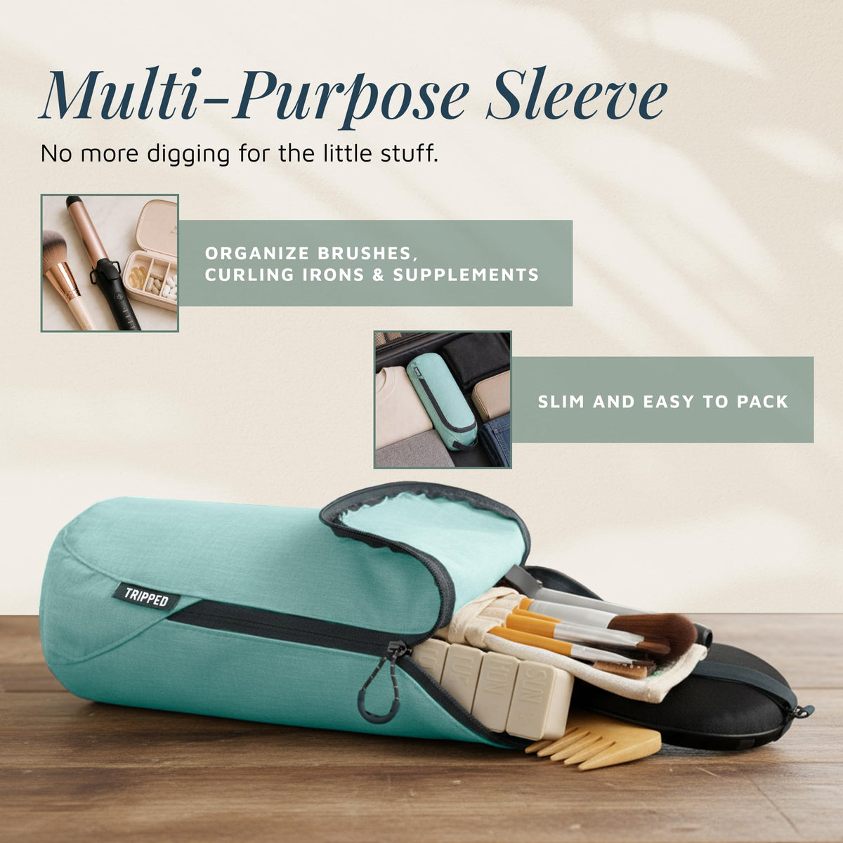 TRIPPED Travel Gear accessory pouch holds brushes and cords to reduce clutter