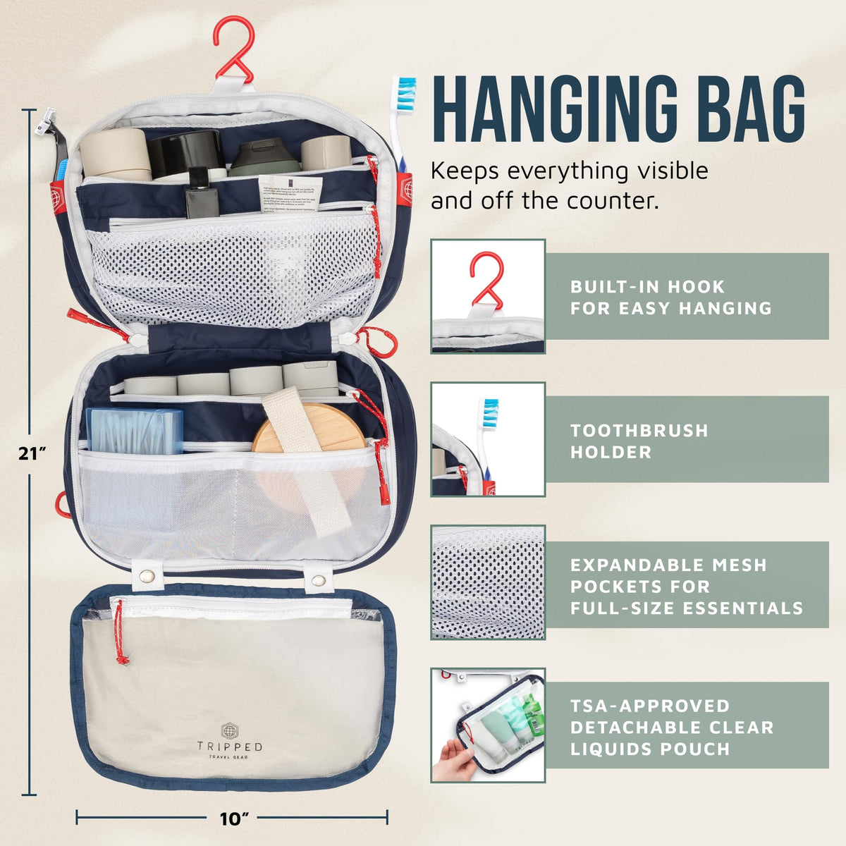 TRIPPED clear 311 TSA liquid bag clipped and visible for quick screening benefit