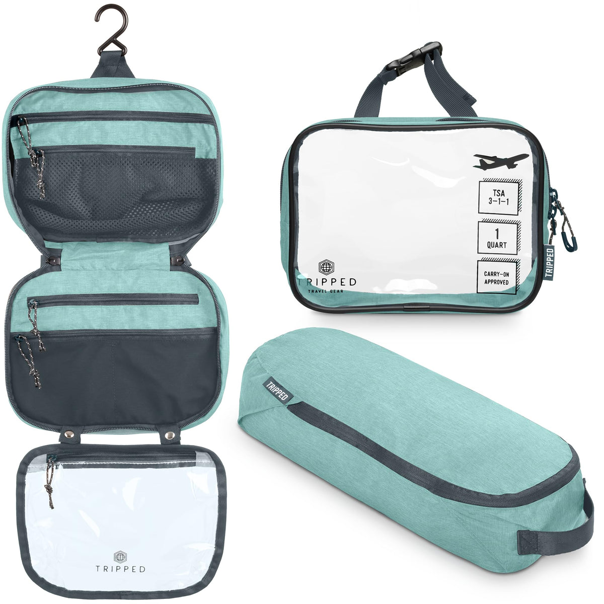 TRIPPED Travel Gear hanging toiletry bag front view shows organized travel benefits