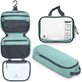 TRIPPED Travel Gear hanging toiletry bag front view shows organized travel benefits
