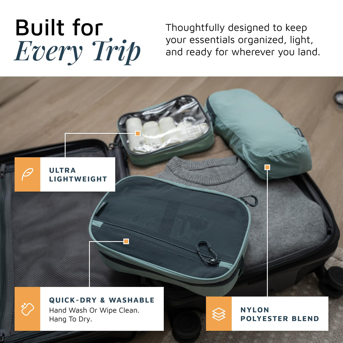 TRIPPED Travel Gear hanging bag opened displaying pockets for quick access