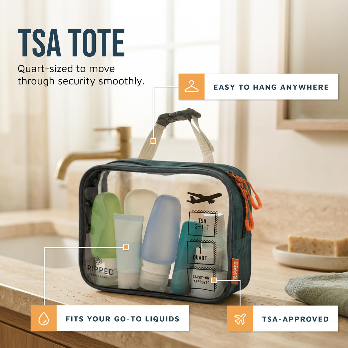 TRIPPED hanging bag open in bathroom with hook for hands-free access benefit