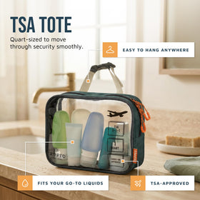 TRIPPED hanging bag open in bathroom with hook for hands-free access benefit