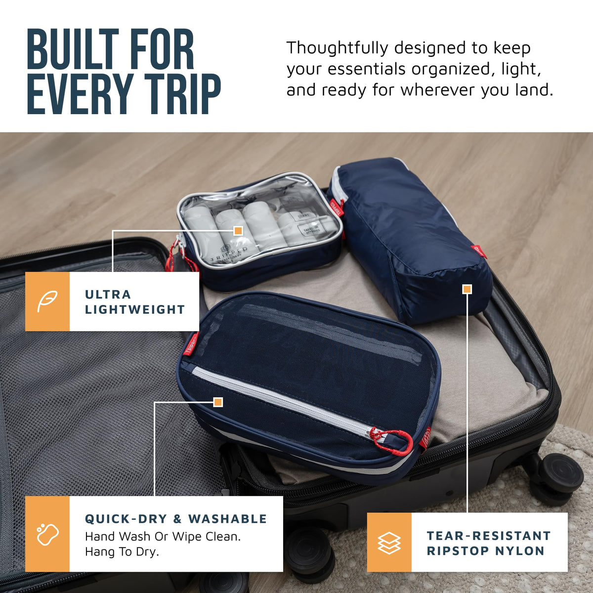 TRIPPED hanging toiletry bag open with mesh pockets for easy access benefit