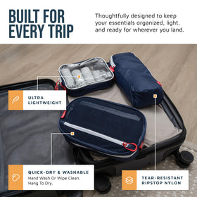 TRIPPED hanging toiletry bag open with mesh pockets for easy access benefit