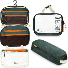 TRIPPED hanging toiletry bag front view showing organized pockets and compact benefit
