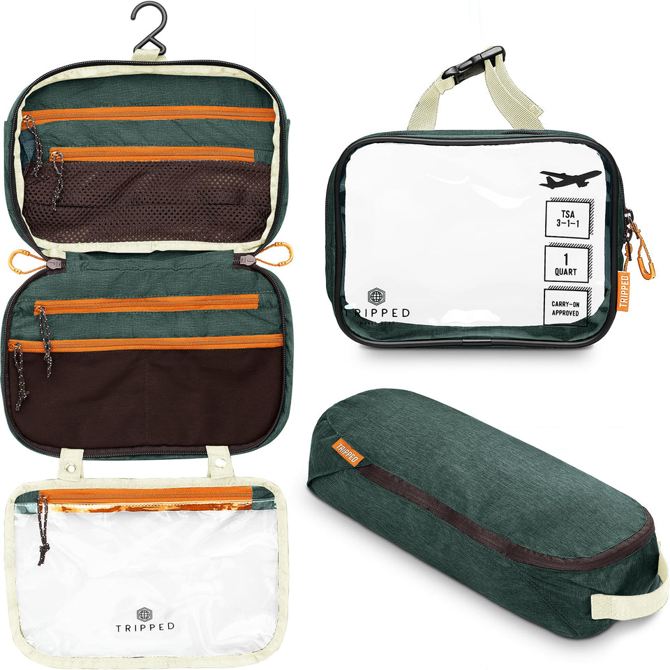 TRIPPED hanging toiletry bag front view showing organized pockets and compact benefit