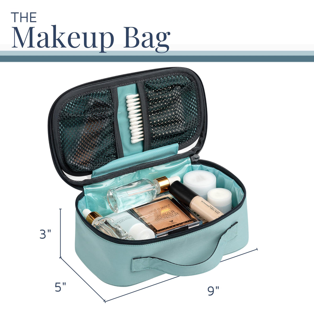 TRIPPED hanging toiletry bag in bathroom demonstrating hands-free use