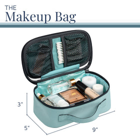 TRIPPED hanging toiletry bag in bathroom demonstrating hands-free use