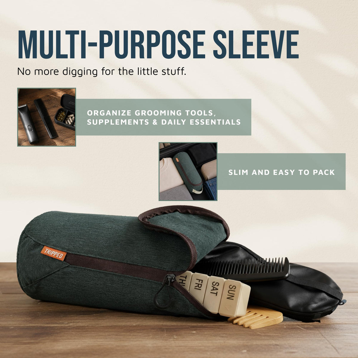 TRIPPED pouch clipped to showerhead with quickclip for convenient hanging benefit
