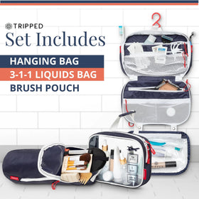TRIPPED kit beside travel backpack to show compact size and packing convenience benefit