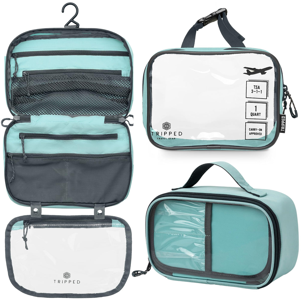 TRIPPED hanging toiletry bag open showing organized pockets and quick access