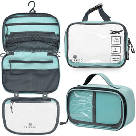 TRIPPED hanging toiletry bag open showing organized pockets and quick access