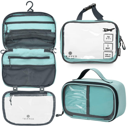 TRIPPED hanging toiletry bag open showing organized pockets and quick access