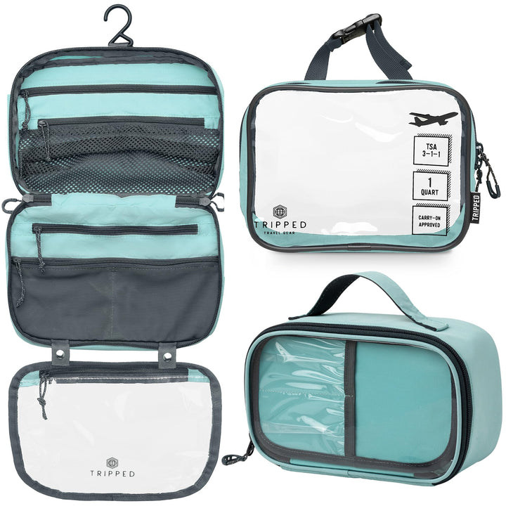 TRIPPED hanging toiletry bag open showing organized pockets and quick access