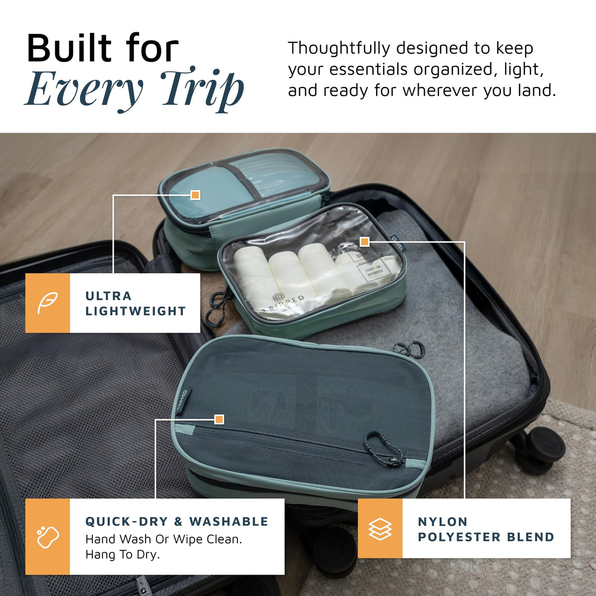 TRIPPED detachable clear 311 pouch holding four 3 oz bottles for TSA ease