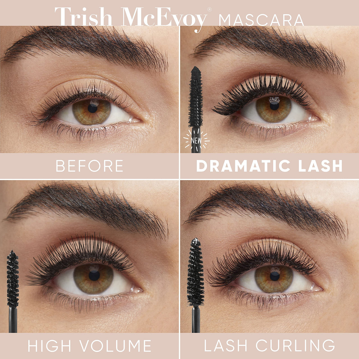 Trish McEvoy mascara applied to lashes demonstrating lifted, fanned look