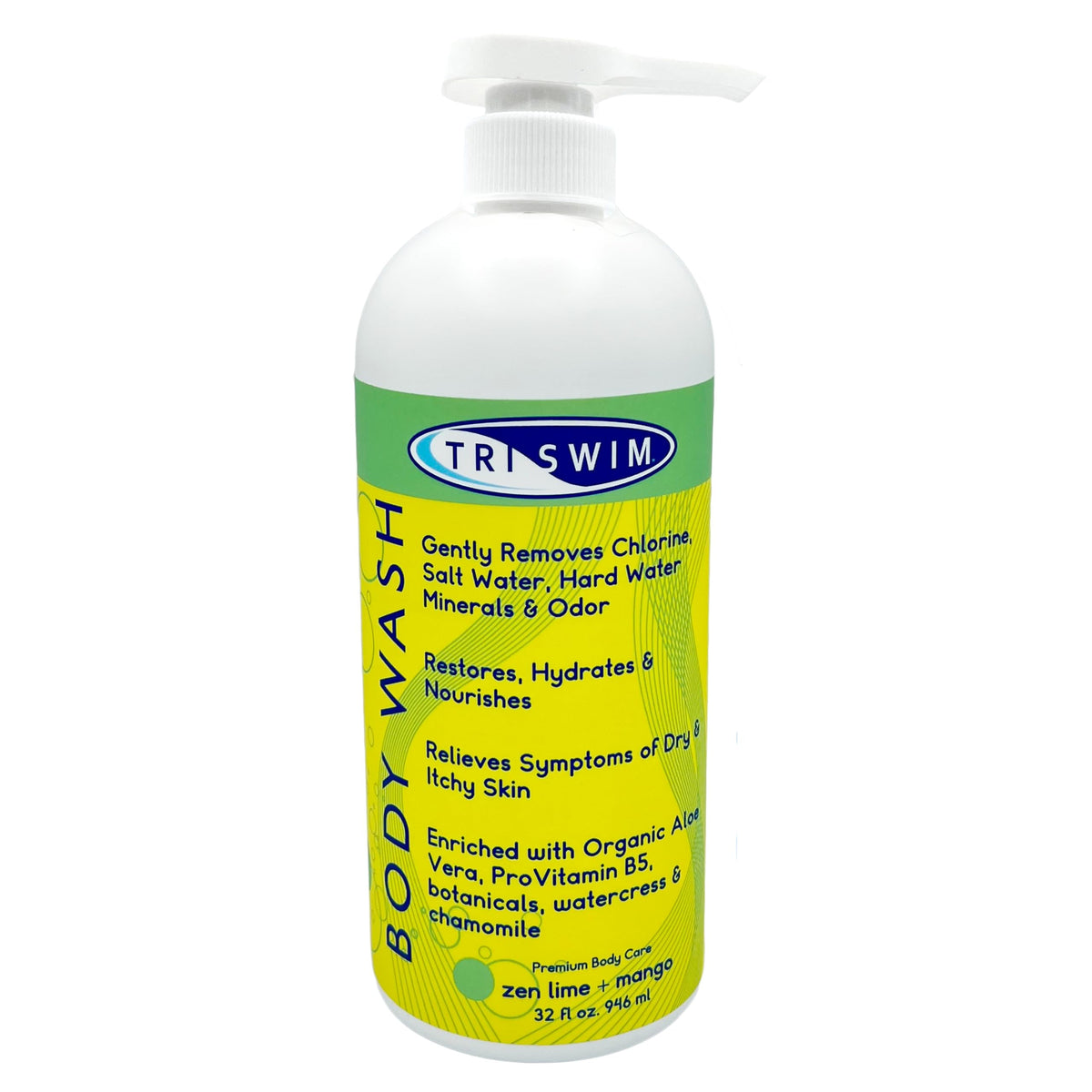 TRISWIM front packaging 32oz pump showing product and scent benefits