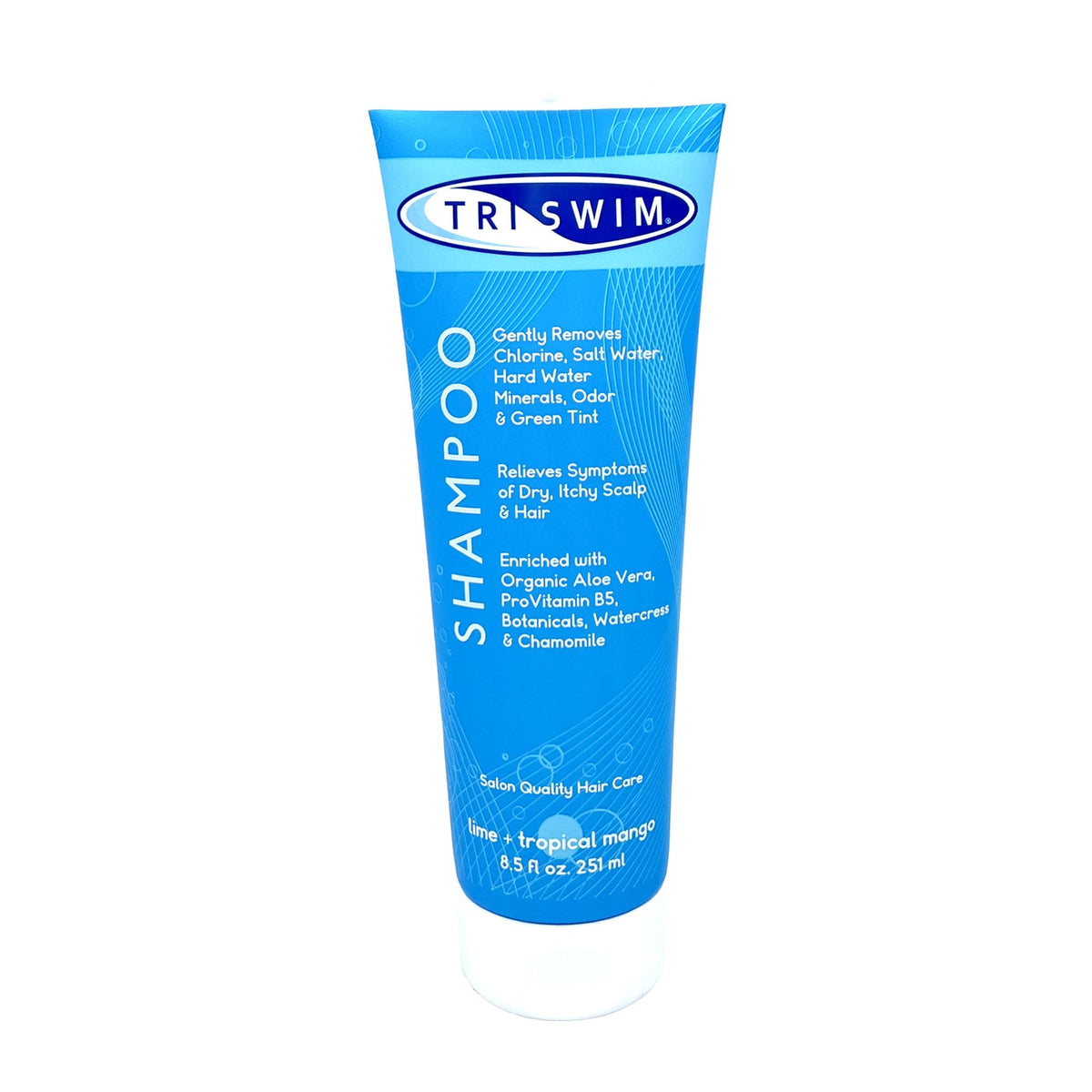 TRISWIM front bottle showing branding and swim shampoo benefits