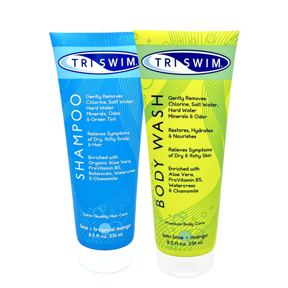 TRISWIM front packaging showing shampoo and body wash, removes chlorine and restores moisture