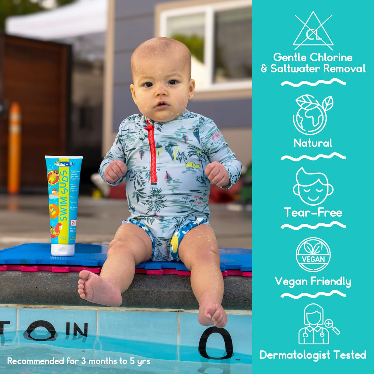 Child using TRISWIM in bath demonstrating easy post-swim cleanup benefit