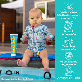 Child using TRISWIM in bath demonstrating easy post-swim cleanup benefit