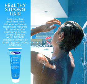 TRISWIM label close-up highlighting aloe, pro-vitamin B5 and botanicals