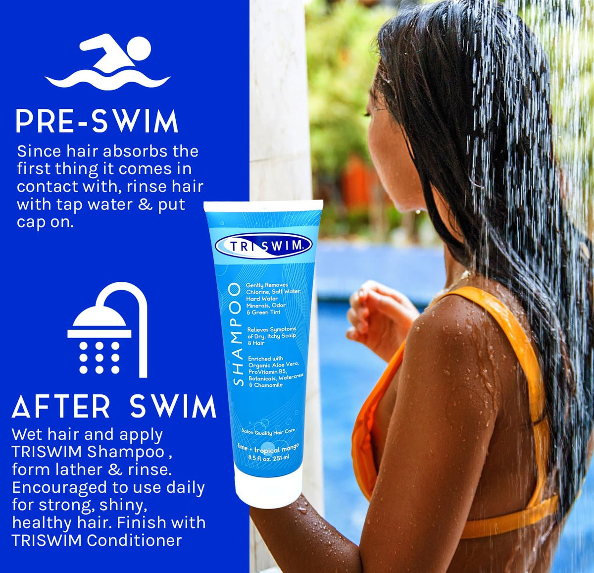 TRISWIM lather on hair demonstrating effective chlorine removal