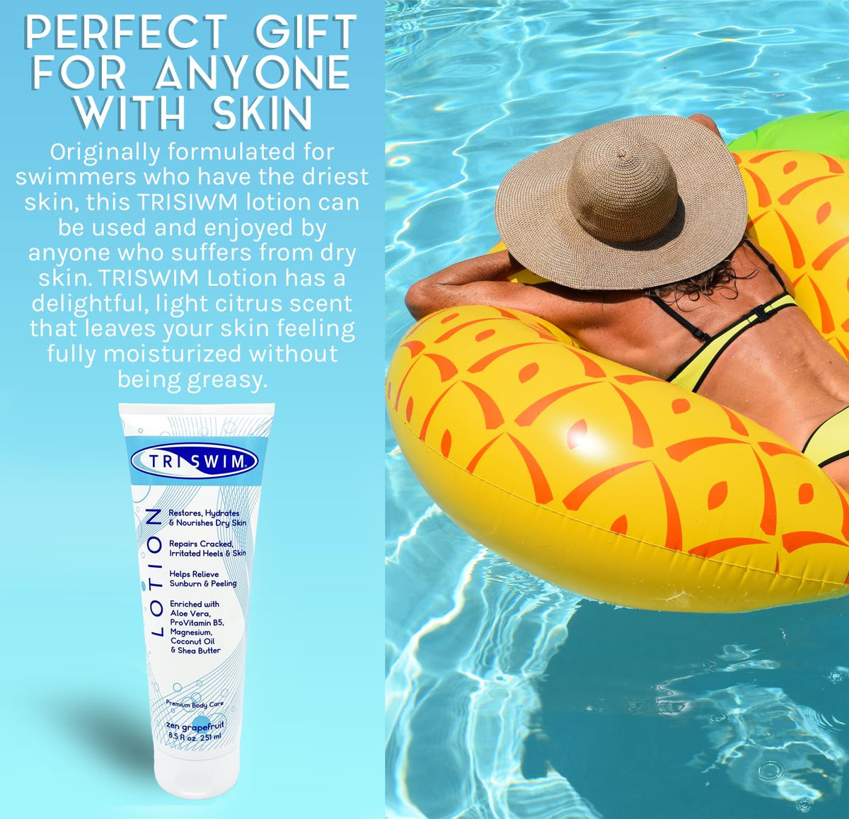TRISWIM lotion placed poolside in lifestyle shot suggesting daily swimmer use