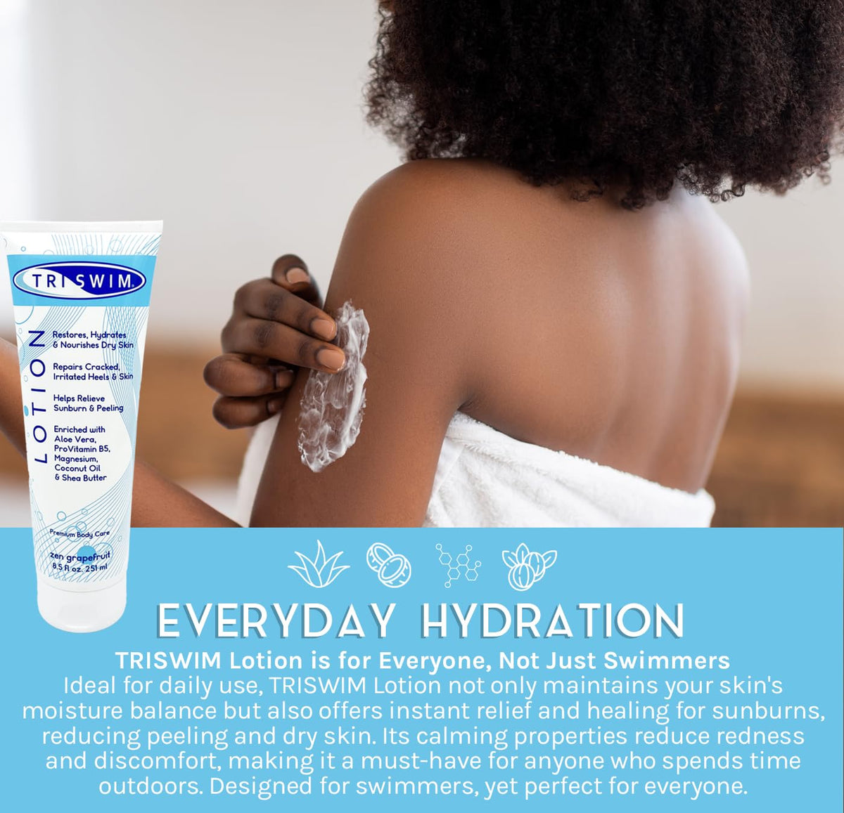 TRISWIM open bottle in palm to show dispensed lotion volume and easy application